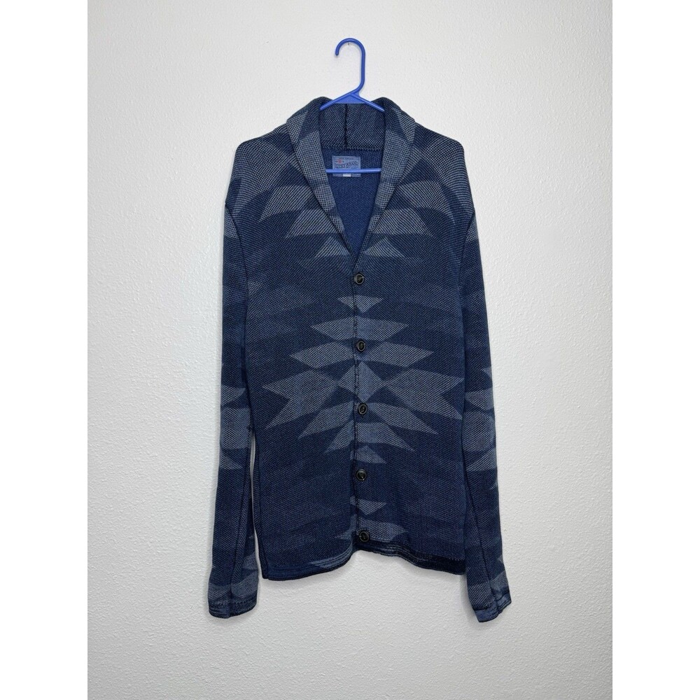Lucky Brand Sweater Mens L Southwest Aztec Shawl Neck Blue Cardigan Button Front